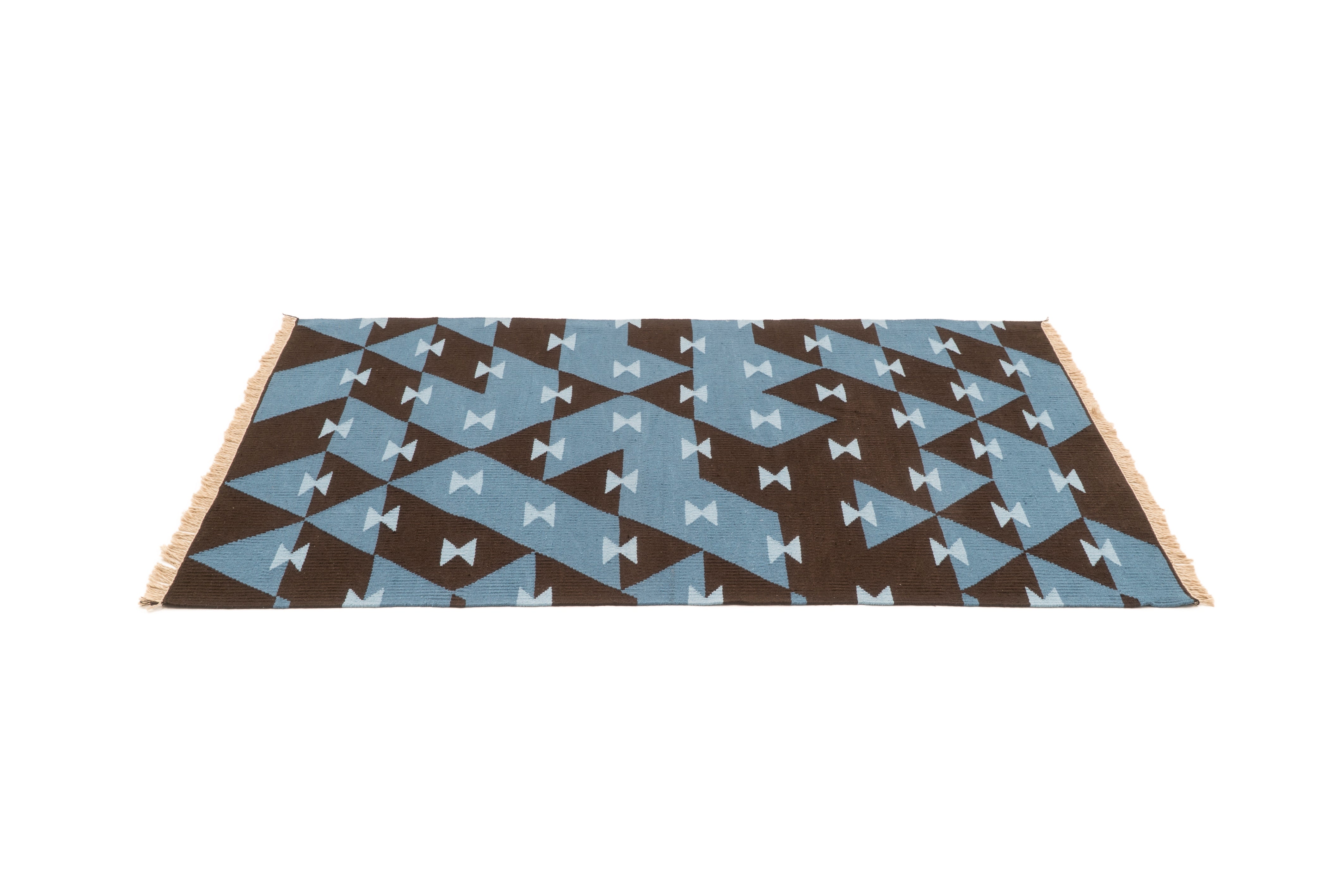 "Game Board" Handwoven Hemp Designer Rug in Shades of Blue/Brown