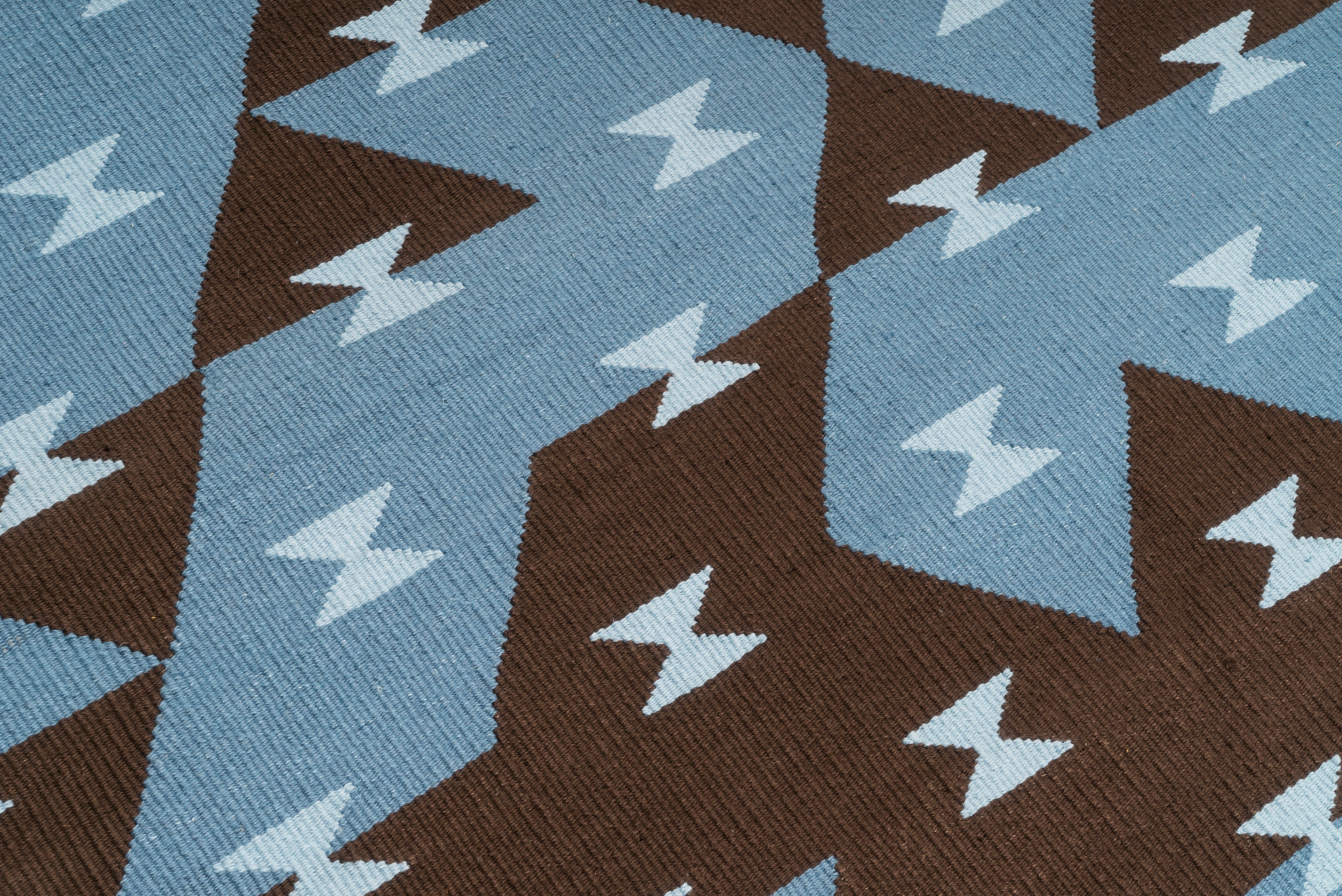 "Game Board" Handwoven Hemp Designer Rug in Shades of Blue/Brown