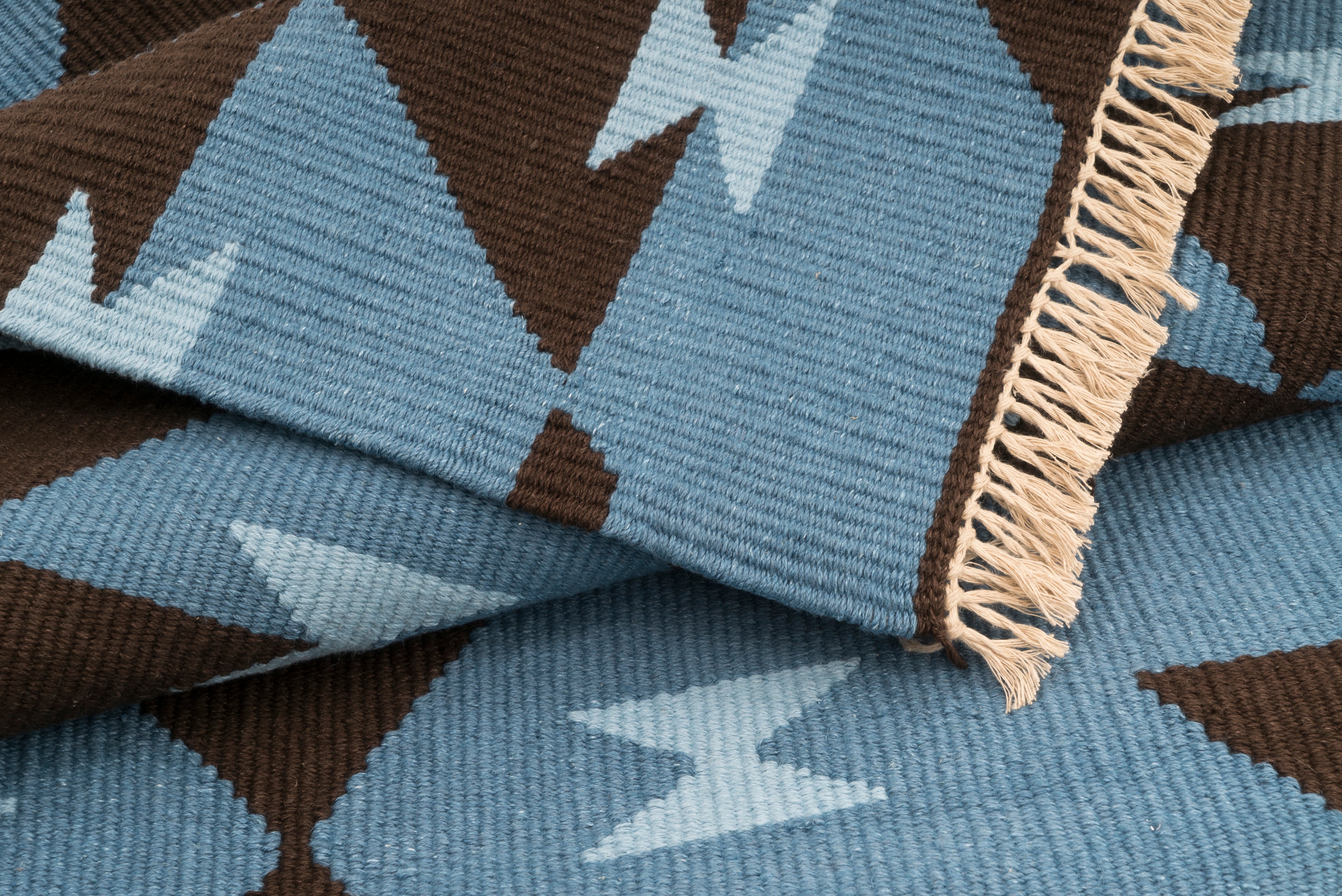 "Game Board" Handwoven Hemp Designer Rug in Shades of Blue/Brown