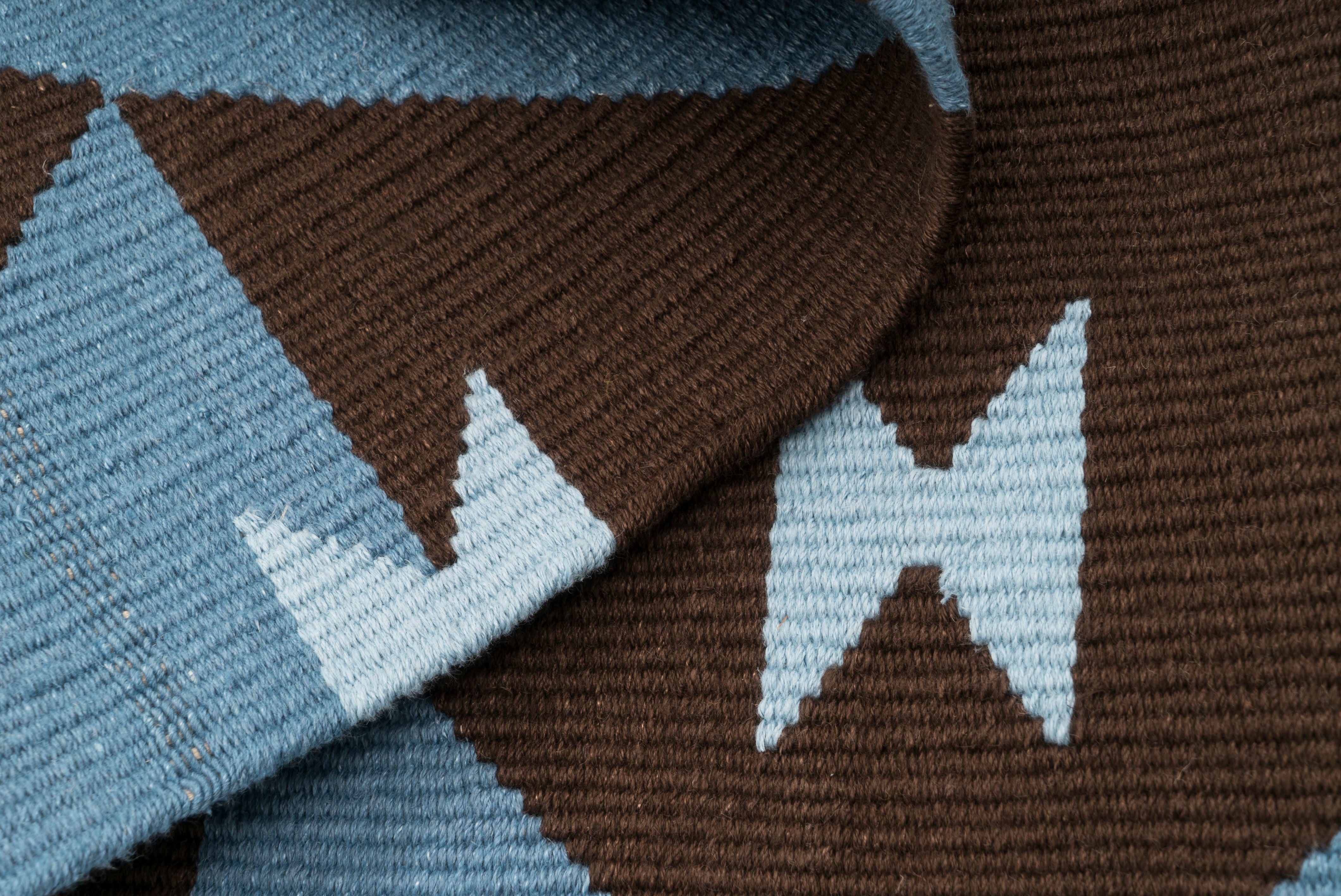 "Game Board" Handwoven Hemp Designer Rug in Shades of Blue/Brown