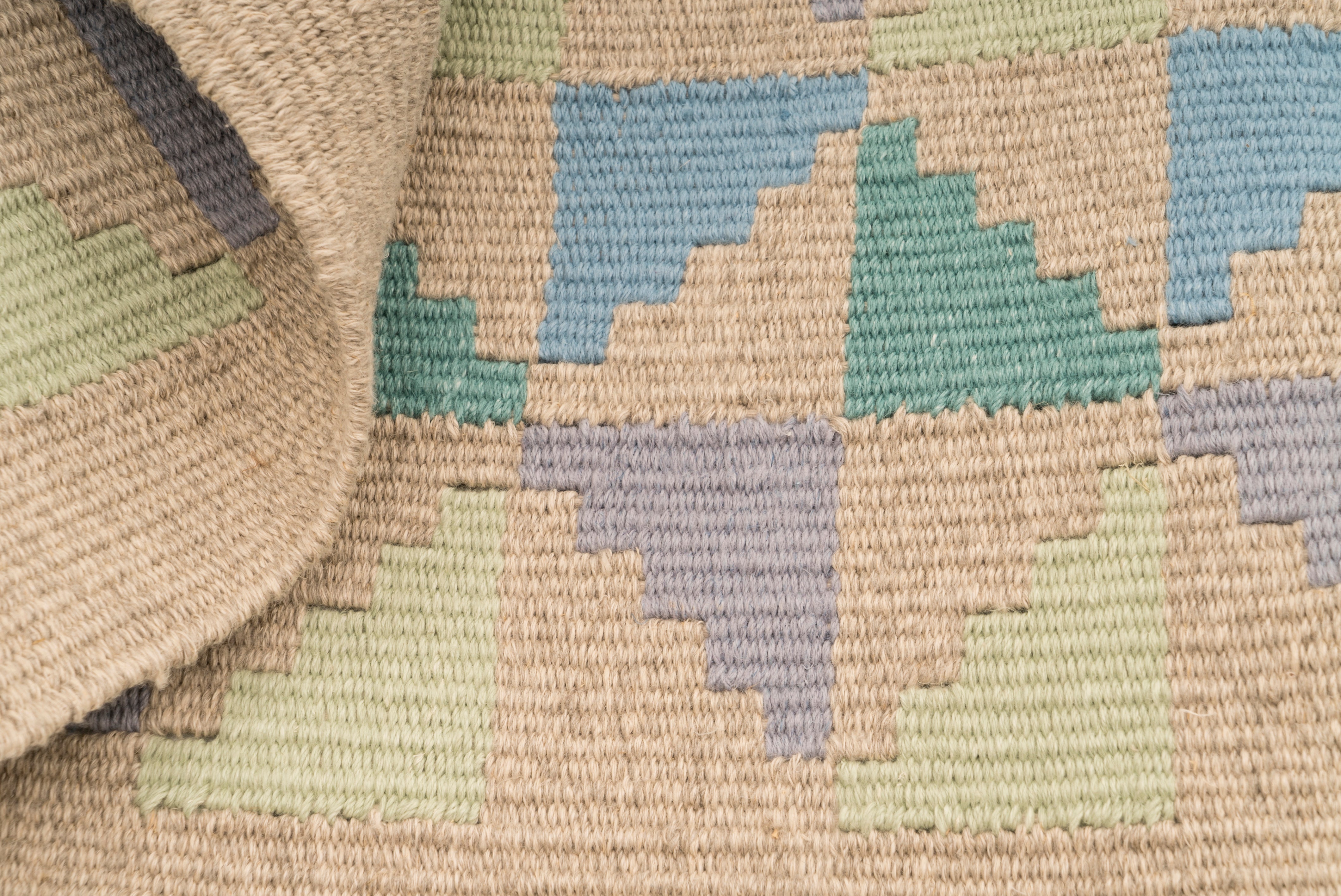 "Sapphire Leaf" Handwoven Hemp Designer Rug in Pastel Shades