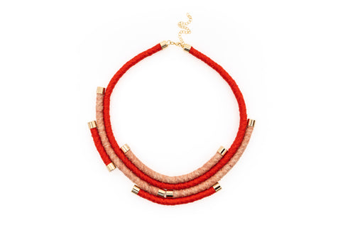 Fiber Art Jewelry Hemp Wrapped Choker Necklace in Pink and Coral