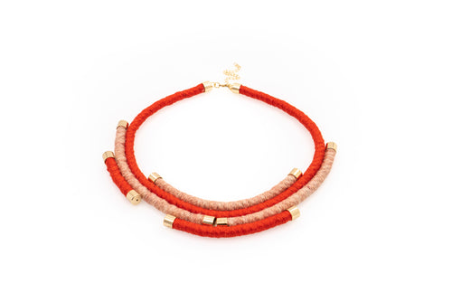 Fiber Art Jewelry Hemp Wrapped Choker Necklace in Pink and Coral