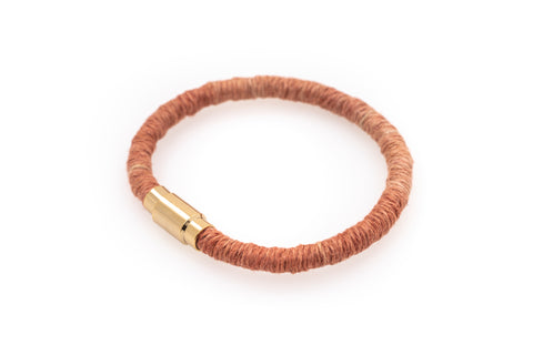 Fiber Art Jewelry Hemp Wrapped Bracelet Size L - Coral / Antiquated Patina Plated Magnet