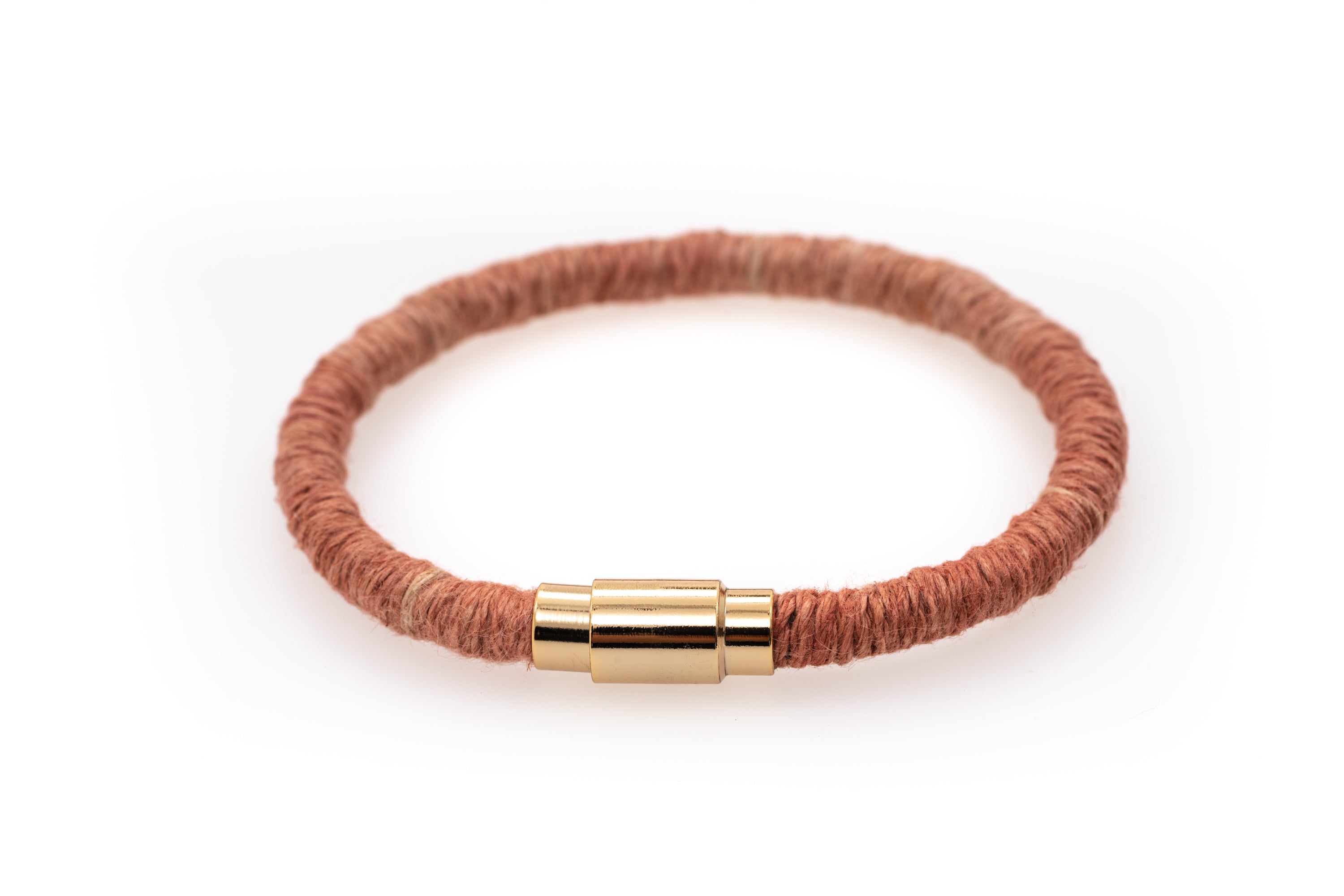 Fiber Art Jewelry Hemp Wrapped Bracelet Size S - Coral / Gold Plated Magnet