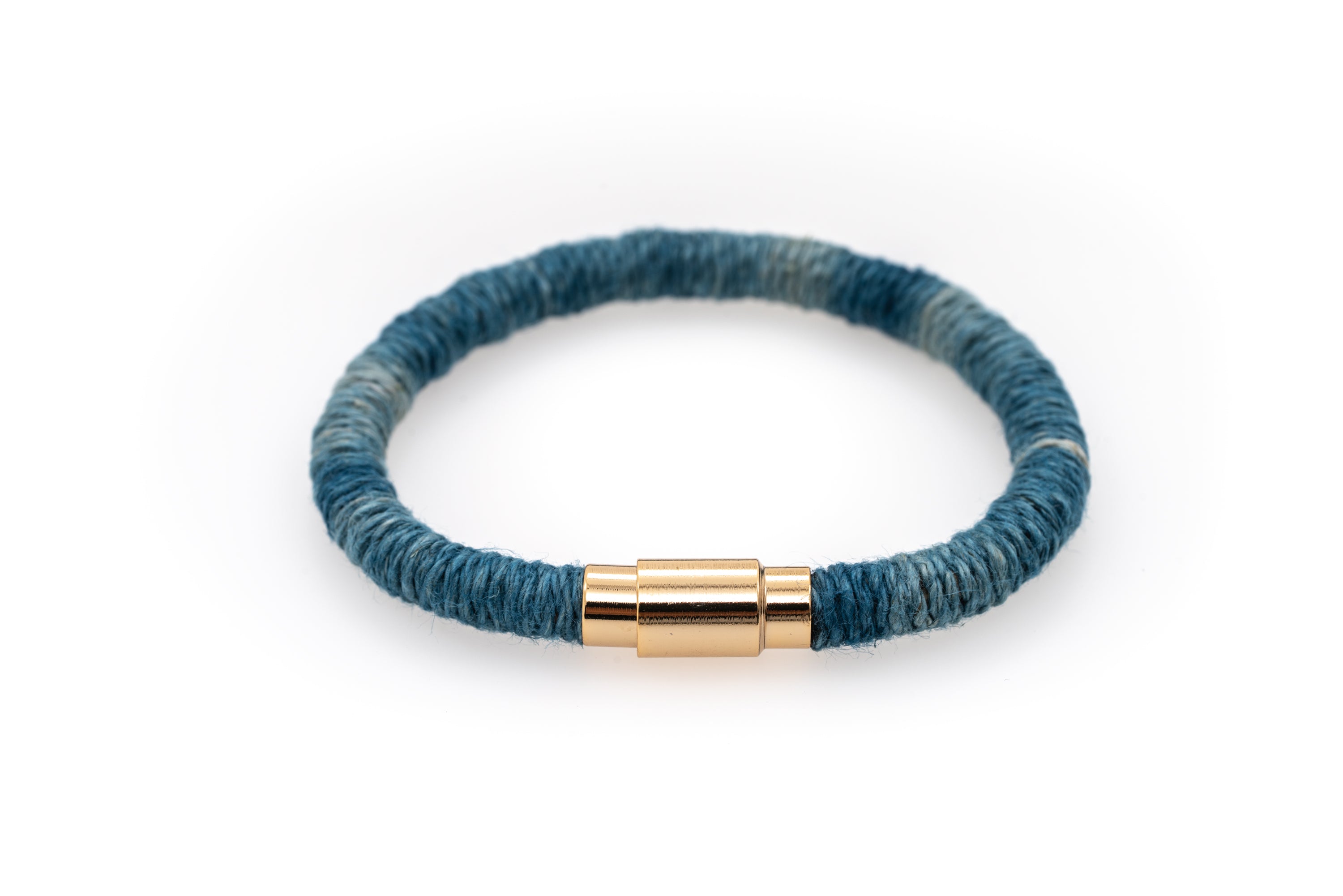 Fiber Art Jewelry Hemp Wrapped Bracelet Size S - Darker Blue / Gold Plated Magnet