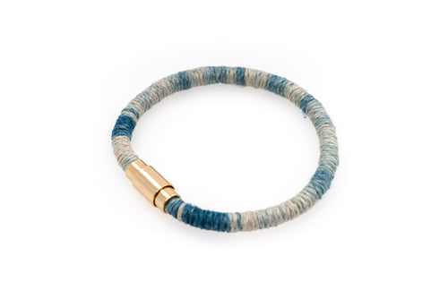 Fiber Art Jewelry Hemp Wrapped Bracelet Size S - Lighter Blue / Gold Plated Magnet