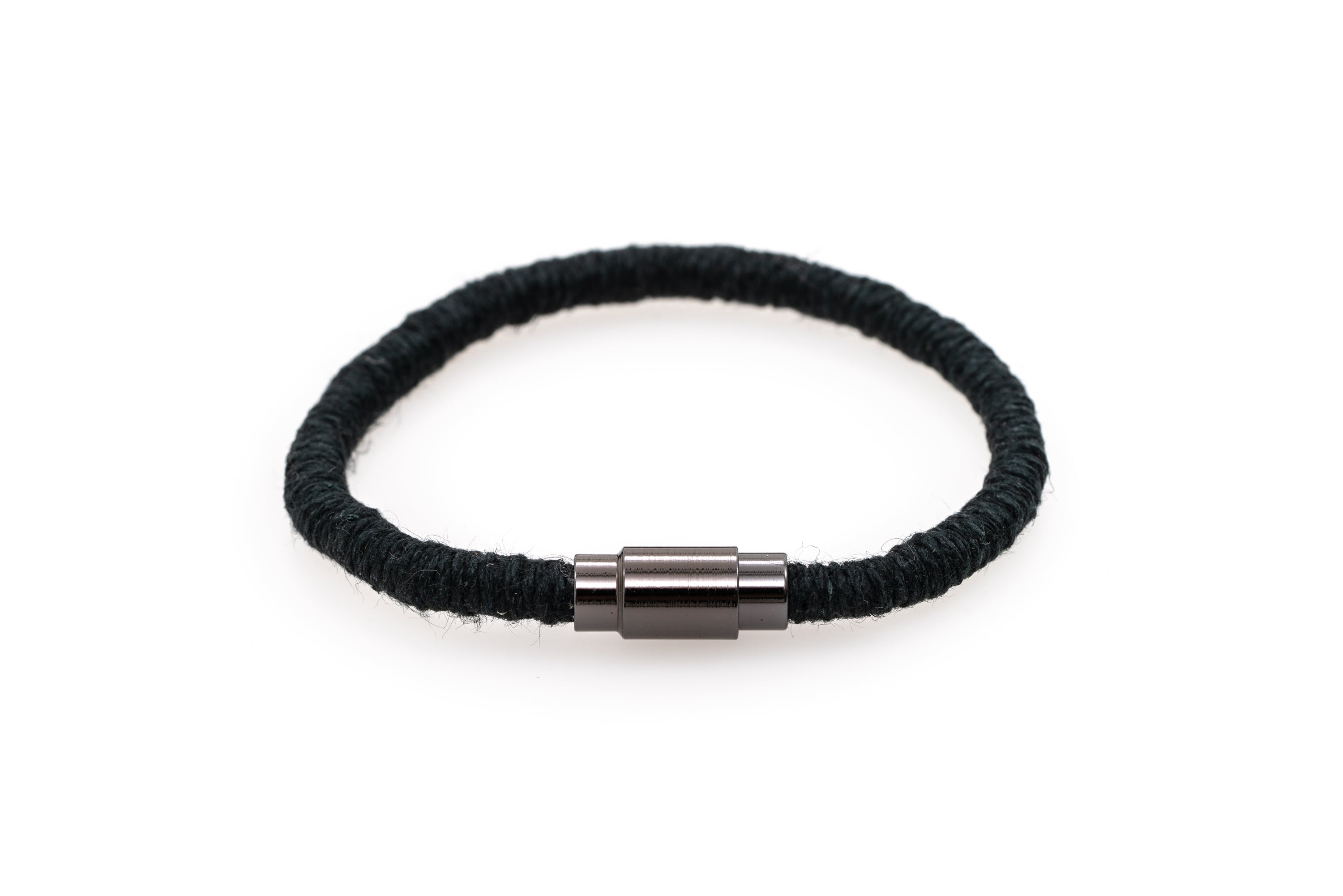 Fiber Art Jewelry Hemp Wrapped Bracelet Size L - Black / Antiquated Patina Plated Magnet