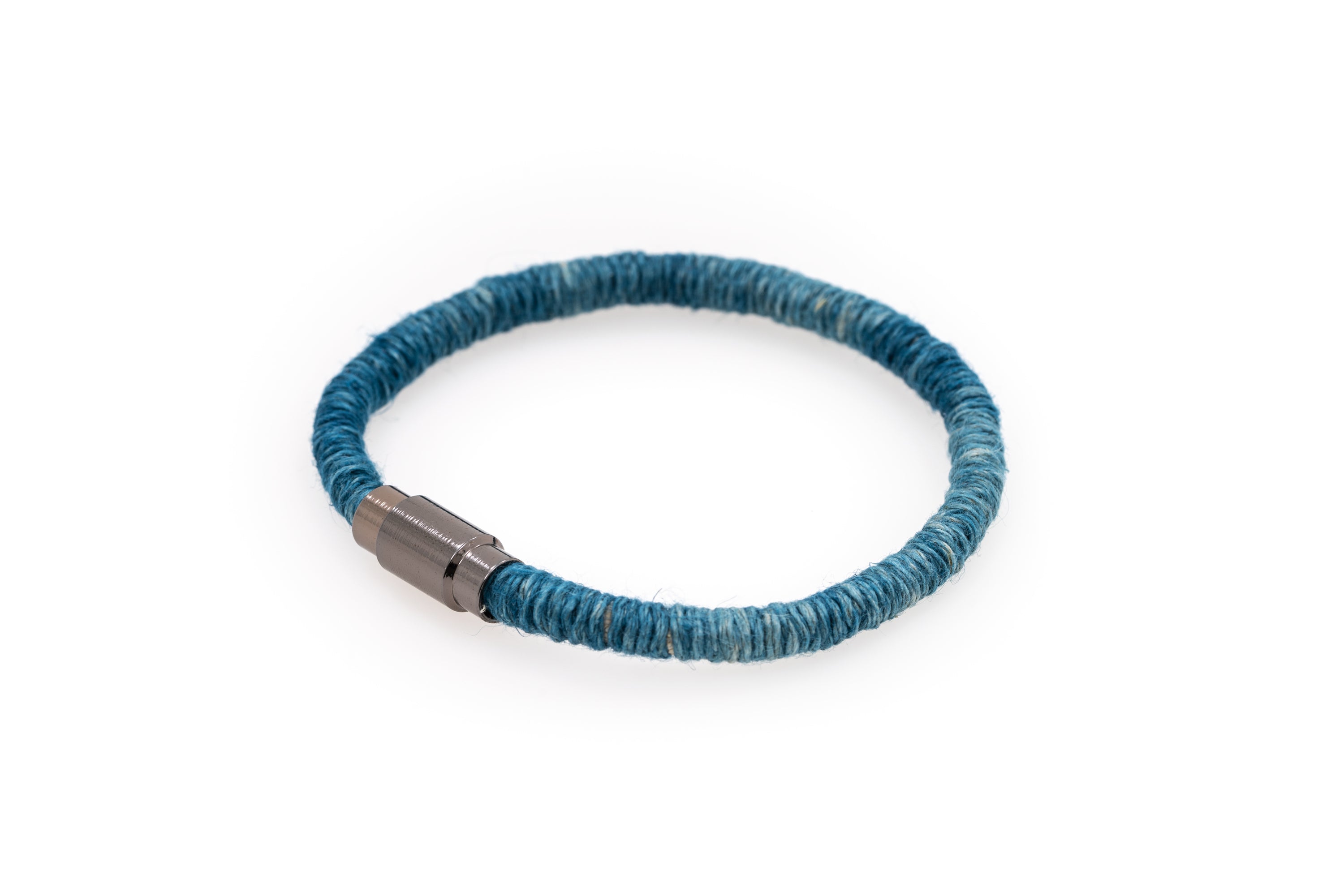 Fiber Art Jewelry Hemp Wrapped Bracelet Size L- Darker Blue / Antiquated Patina Plated Magnet