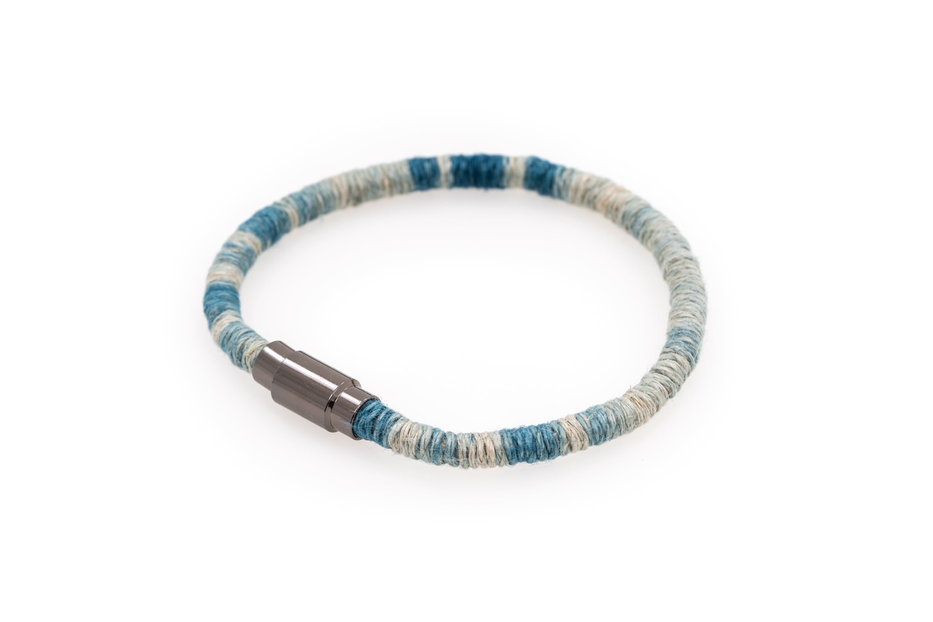 Fiber Art Jewelry Hemp Wrapped Bracelet Size L - Lighter Blue / Antiquated Patina Plated Magnet