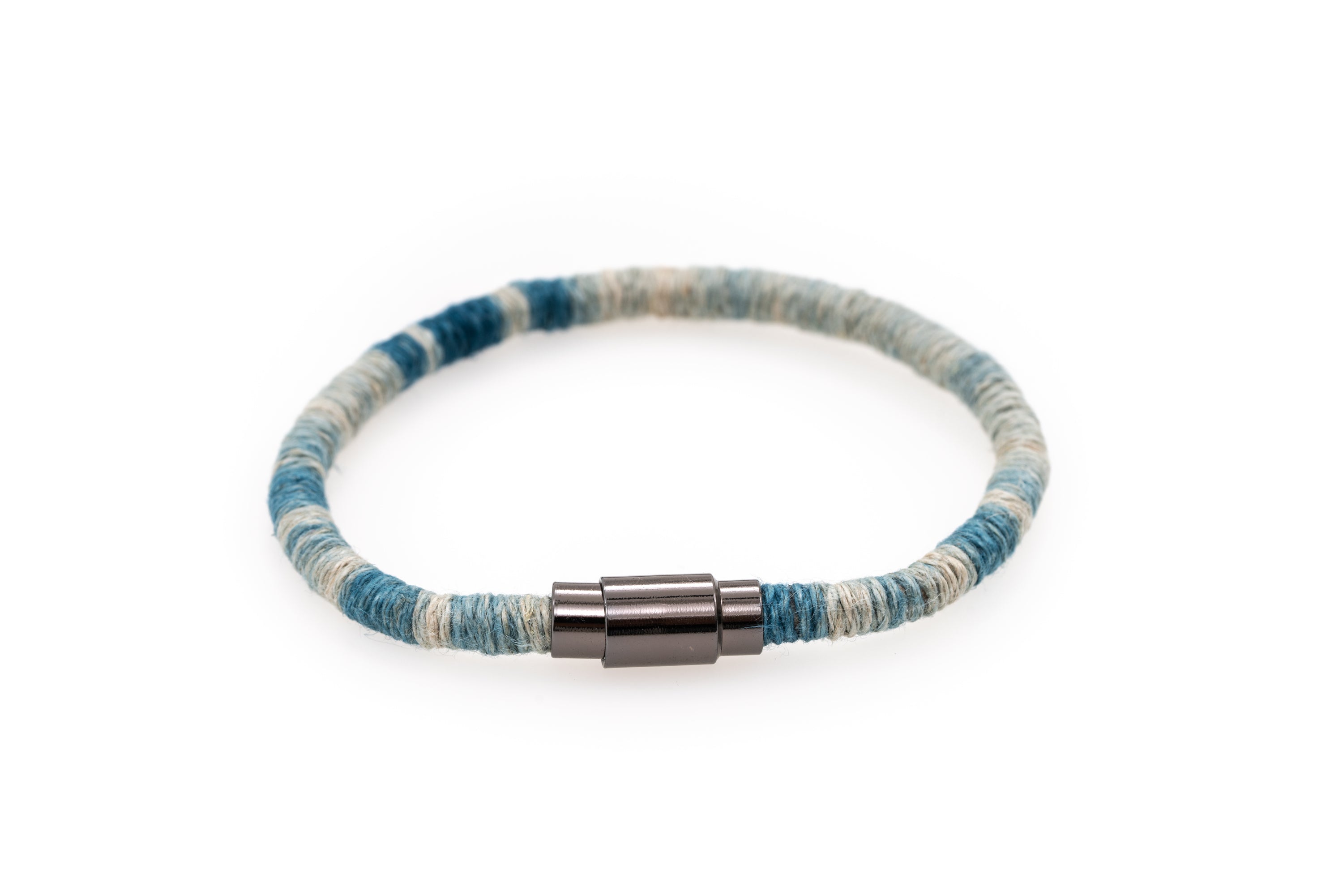 Fiber Art Jewelry Hemp Wrapped Bracelet Size L - Lighter Blue / Antiquated Patina Plated Magnet