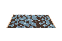 "Game Board" Handwoven Hemp Designer Rug in Shades of Blue/Brown