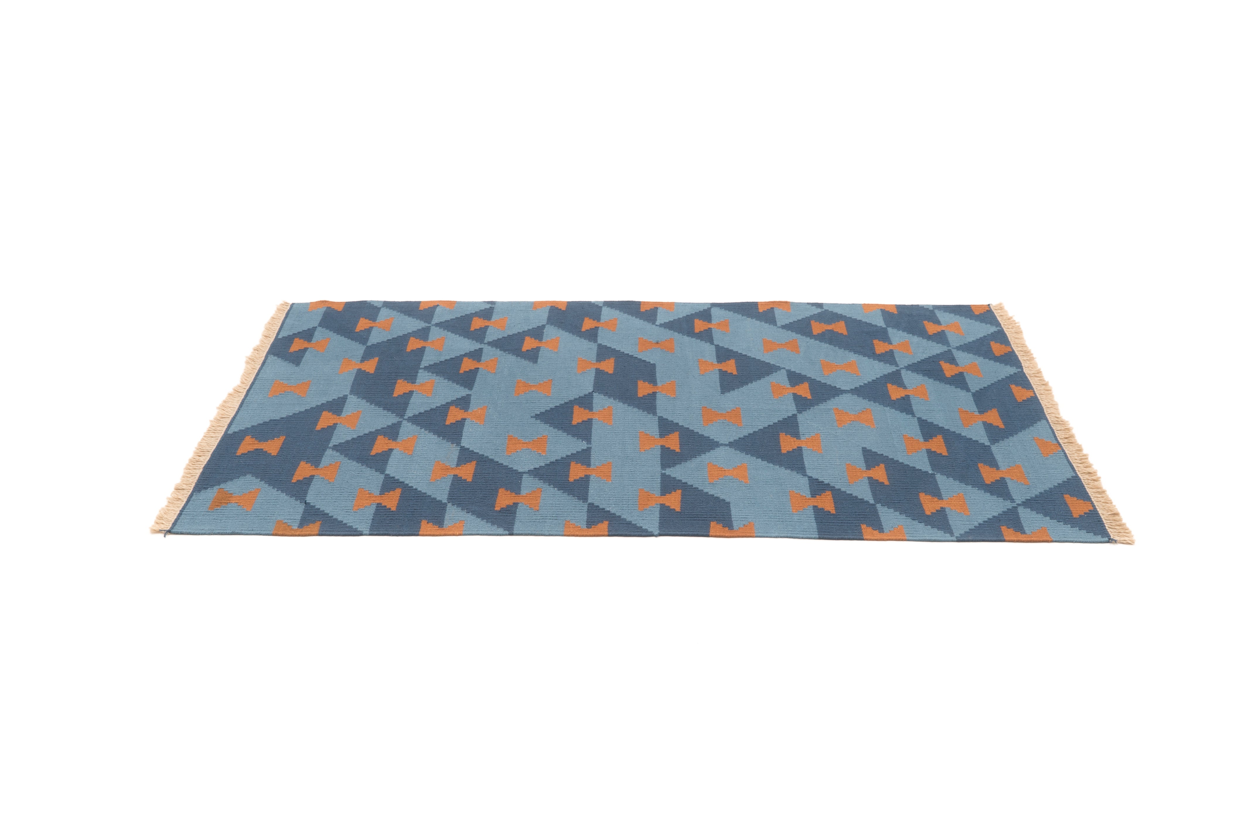 "Game Board" Handwoven Hemp Designer Rug in Shades of Blue