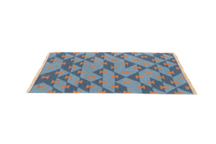 "Game Board" Handwoven Hemp Designer Rug in Shades of Blue