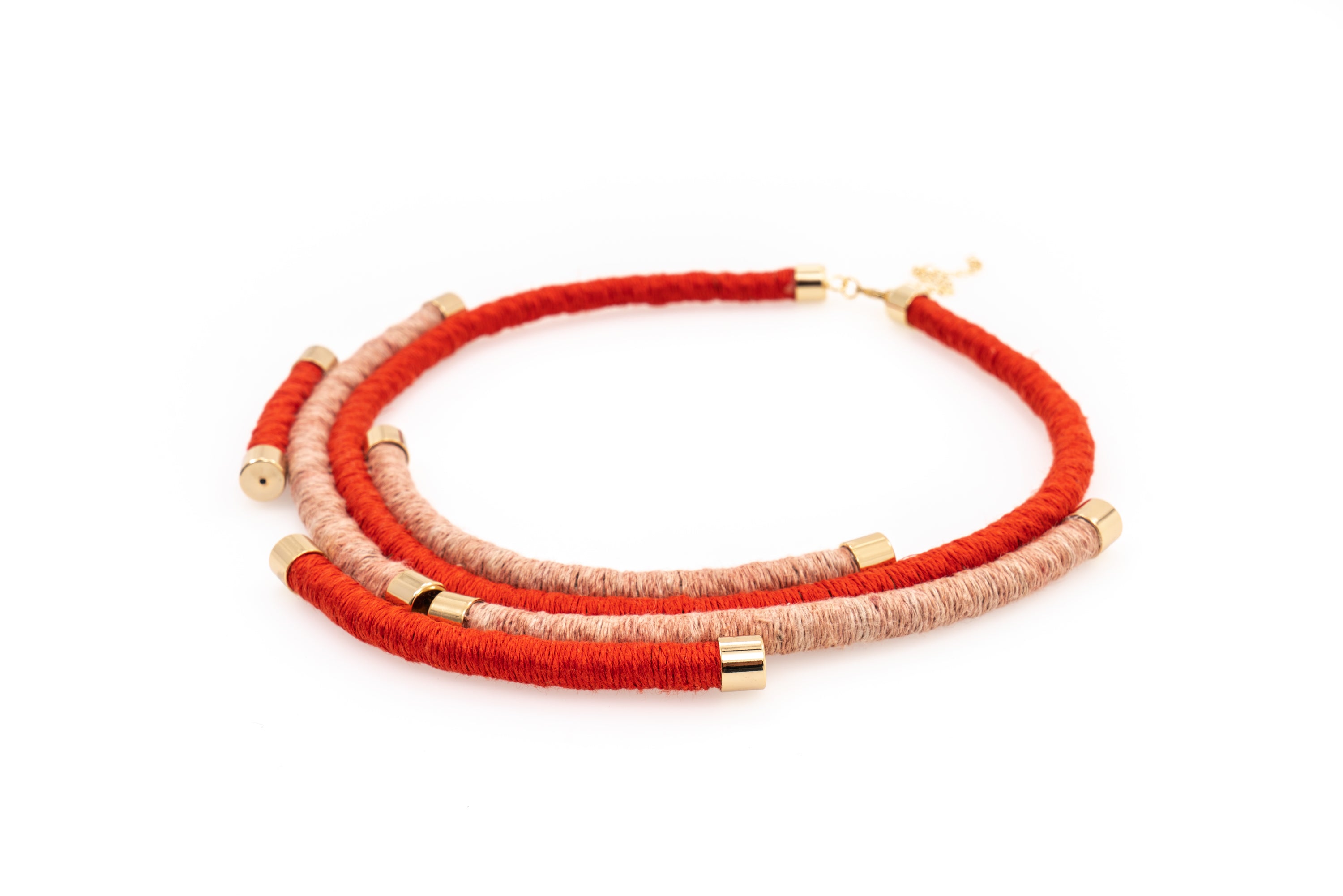 Fiber Art Jewelry Hemp Wrapped Choker Necklace in Pink and Coral