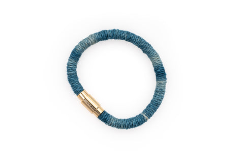 Fiber Art Jewelry Hemp Wrapped Bracelet Size S - Lighter Blue / Gold Plated Magnet