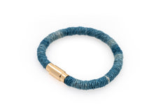 Fiber Art Jewelry Hemp Wrapped Bracelet Size S - Darker Blue / Gold Plated Magnet