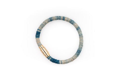 Fiber Art Jewelry Hemp Wrapped Bracelet Size L - Lighter Blue / Antiquated Patina Plated Magnet