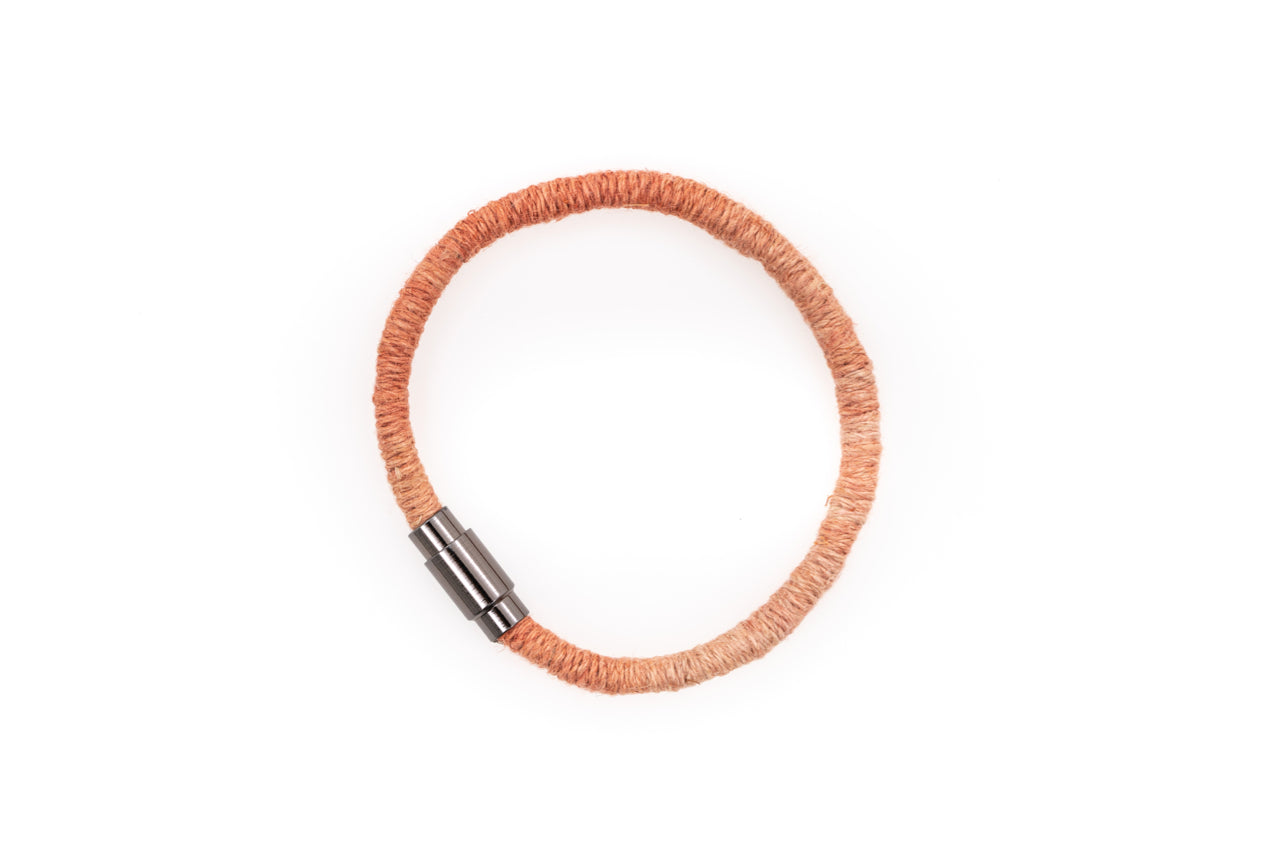 Fiber Art Jewelry Hemp Wrapped Bracelet Size L - Coral / Antiquated Patina Plated Magnet