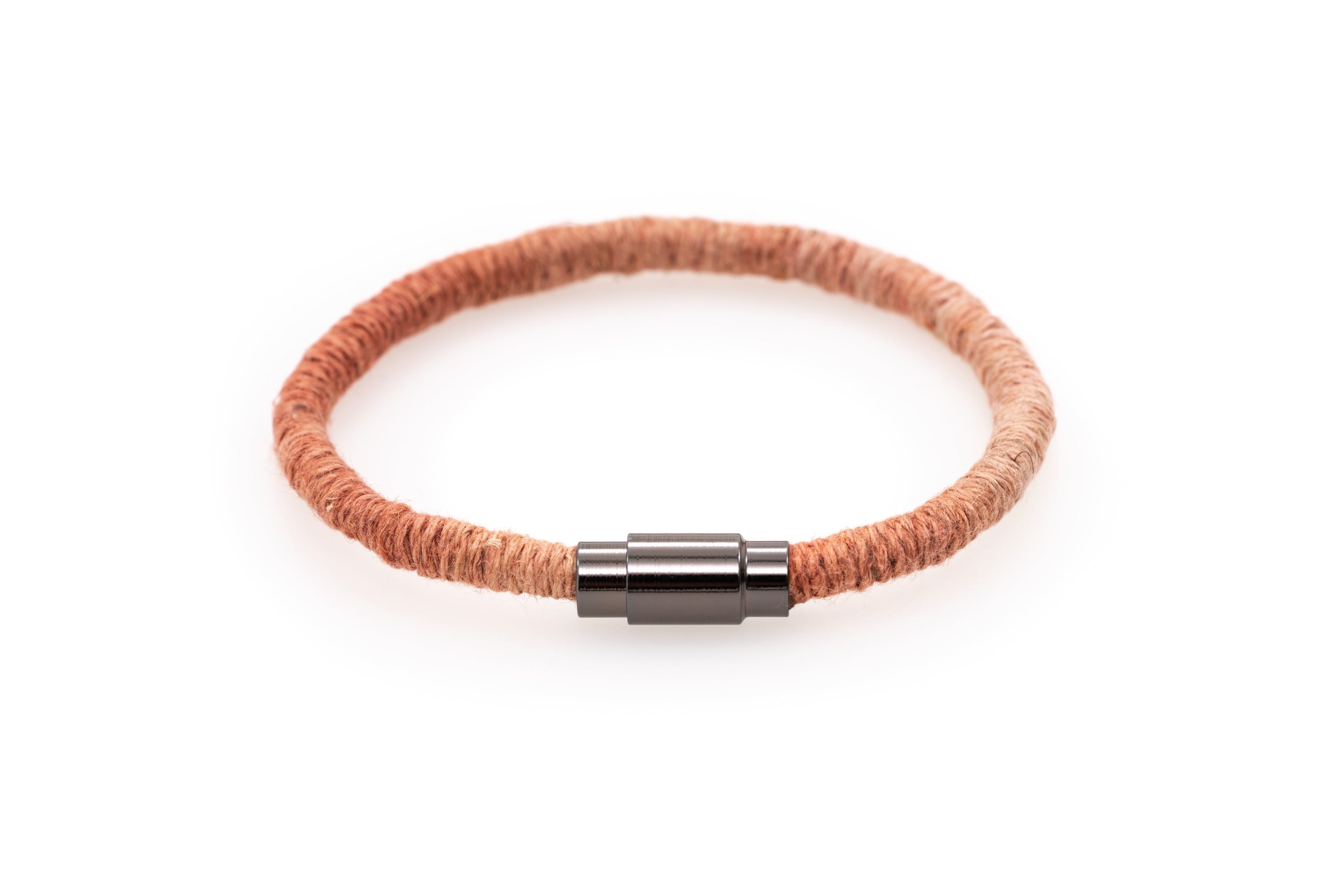 Fiber Art Jewelry Hemp Wrapped Bracelet Size L - Coral / Antiquated Patina Plated Magnet