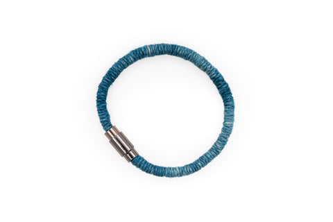 Fiber Art Jewelry Hemp Wrapped Bracelet Size S - Darker Blue / Gold Plated Magnet