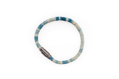 Fiber Art Jewelry Hemp Wrapped Bracelet Size L - Lighter Blue / Antiquated Patina Plated Magnet